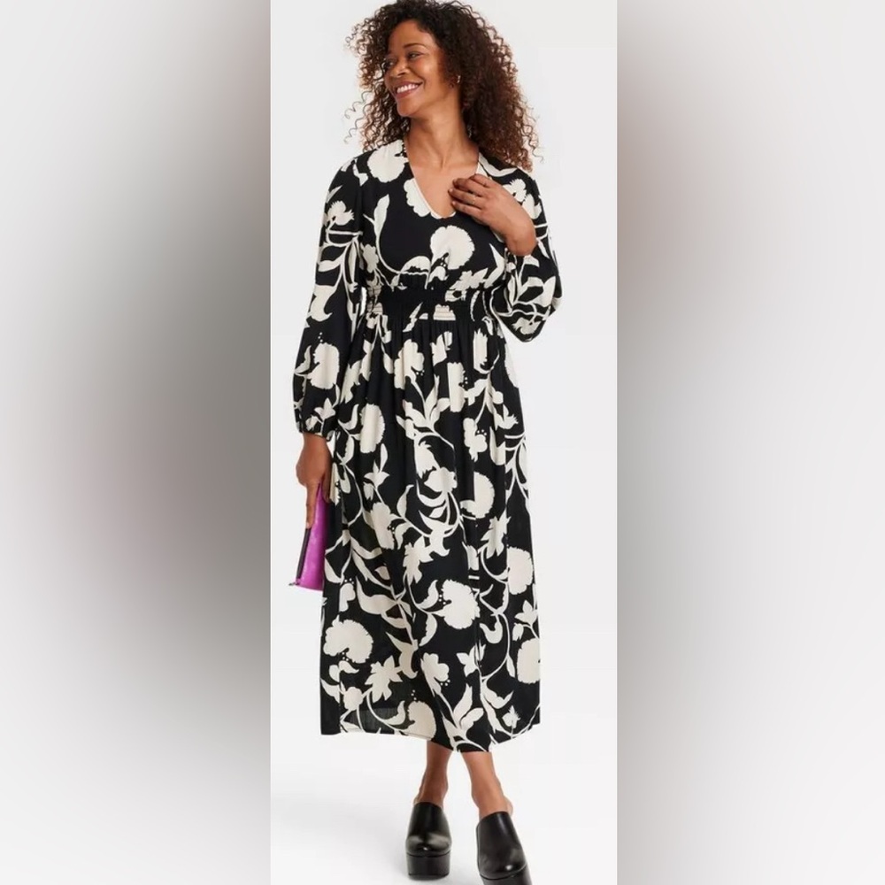 Knox Rose Women's Long Sleeve Smocked Maxi Dress Elastic Waist Size Large